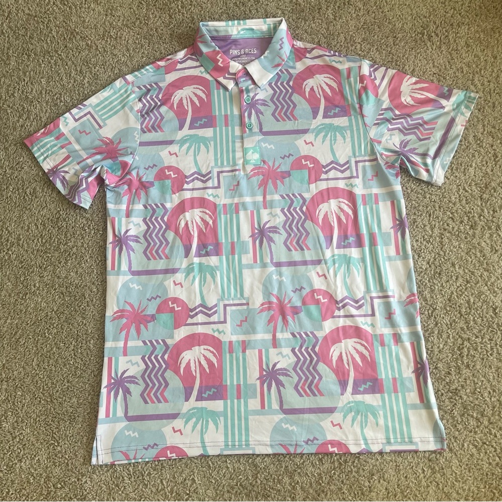 Pins & Aces Palm Vintage Print Performance Polo